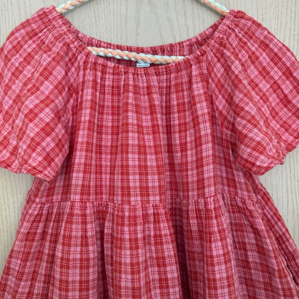 Old Navy Girls SS Tiered Swing Dress Size Plus XL 14-16 Pink Plaid Cottage Boho